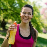 woman holding a bottle of Gatorade while exercising